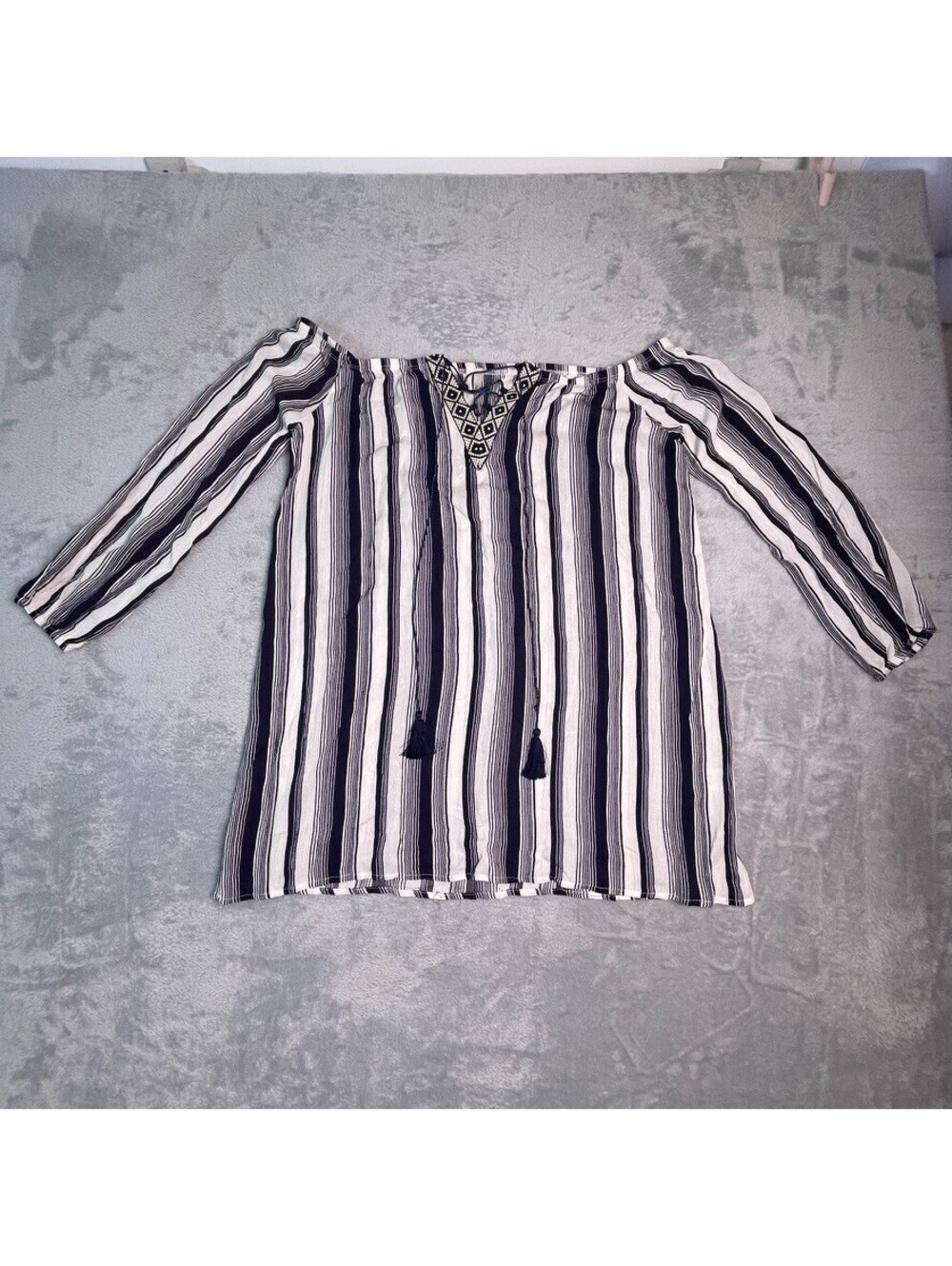 NWT Solemio Cold Shoulder Blouse Womens S Navy Striped Boho Tassel Festival